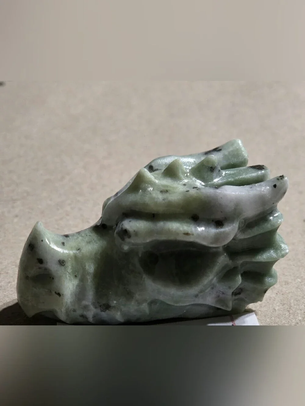 Detailed Kiwi Jasper Crystal Carved Dragon Head Stone Sculpture Decor
